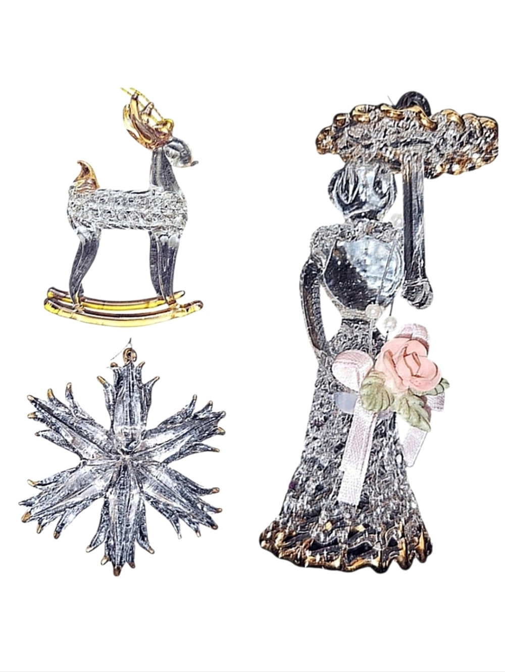 Vintage Spun Glass Clear & Gold Christmas Ornaments Crysyal Reindeer Snowflake